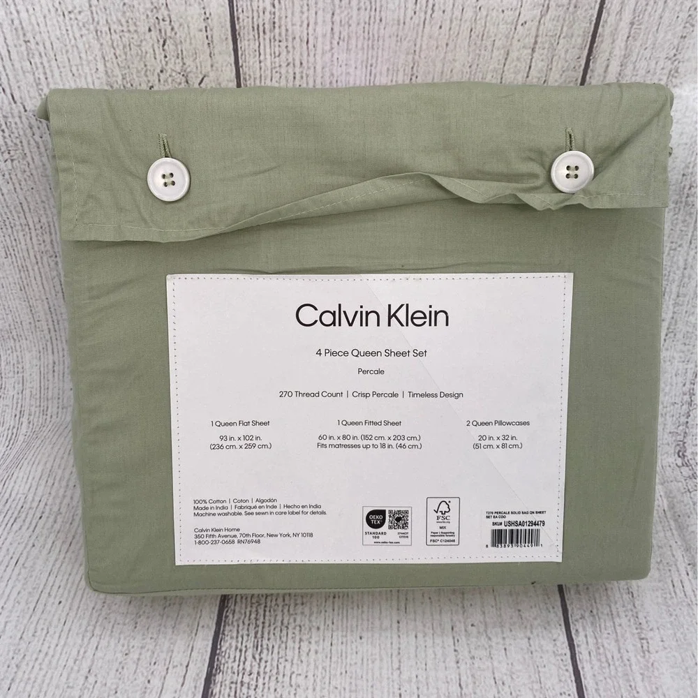 Calvin Klein Sheet Set Queen Sage Green Cotton Percale 270TC Earthy Modern